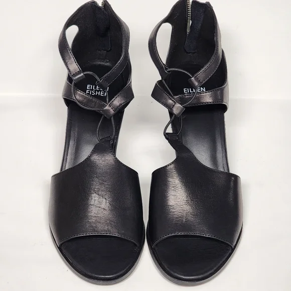 Eileen Fisher Vero Cuoio Black Strappy Block Heels - Picture 2 of 9